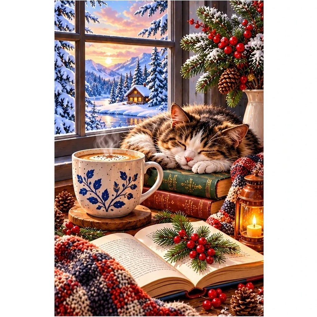 Coffee Books Snowy Window — original artwork on a clean white background
