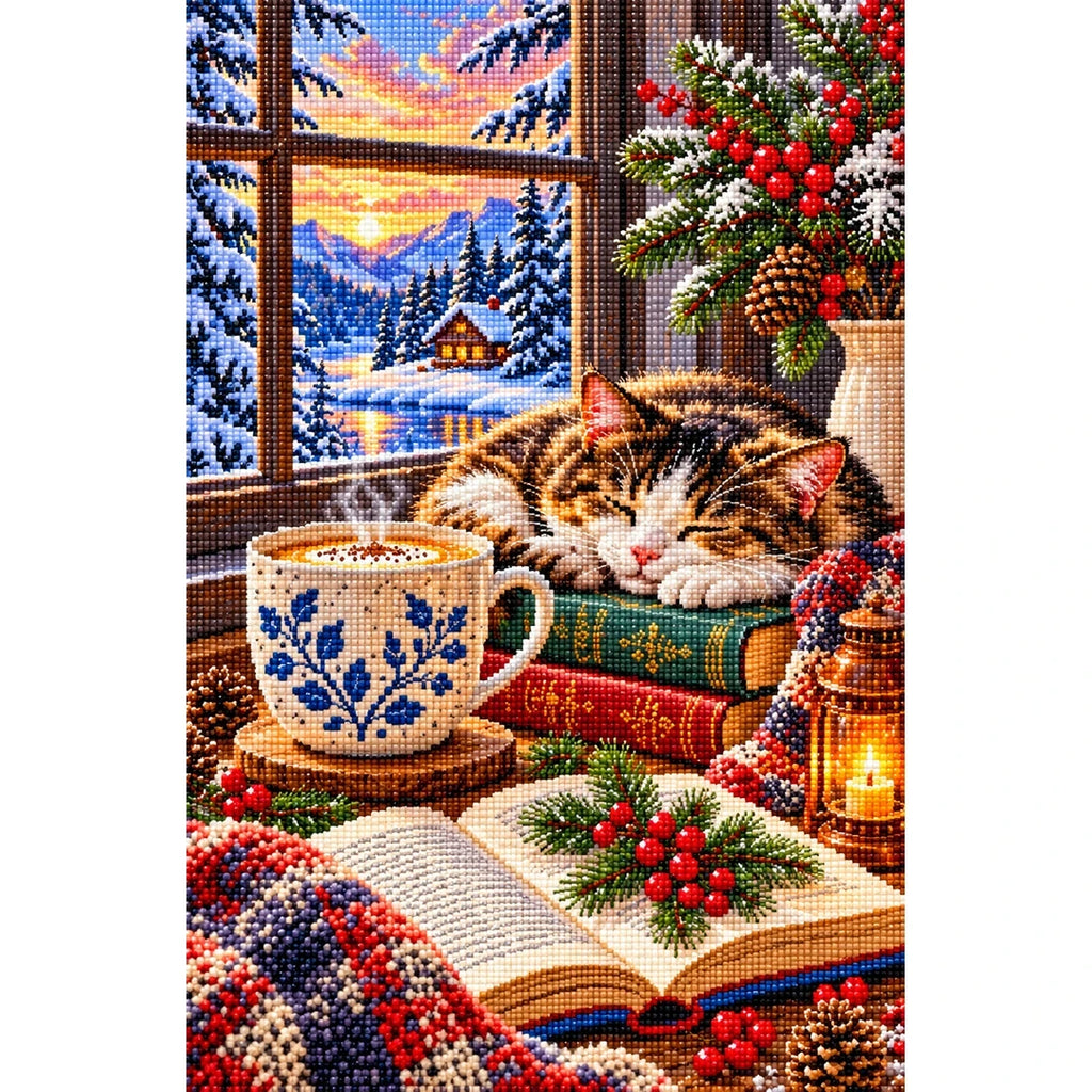 Coffee Books Snowy Window — finished diamond painting on a white background