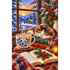 Coffee Books Snowy Window — finished diamond painting on a white background