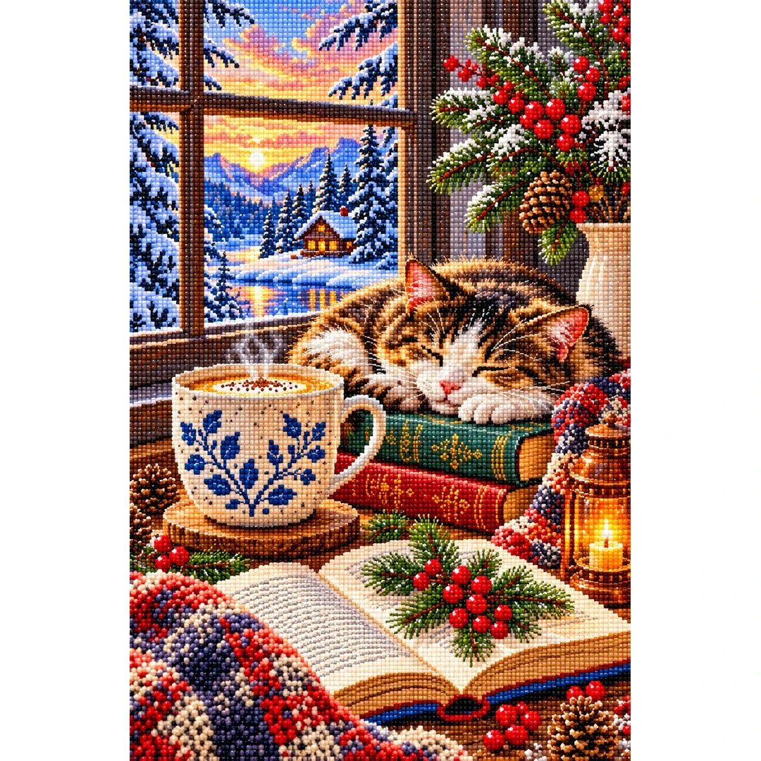 Coffee Books Snowy Window — finished diamond painting on a white background