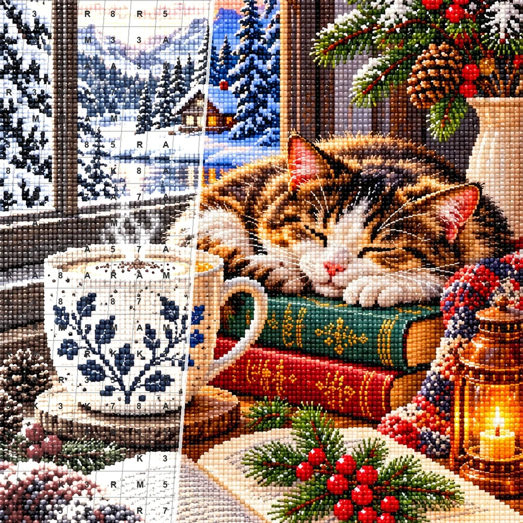 Coffee Books Snowy Window — close-up canvas and resin drill detail