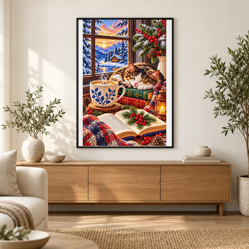 Coffee Books Snowy Window — finished diamond painting displayed in a home interior