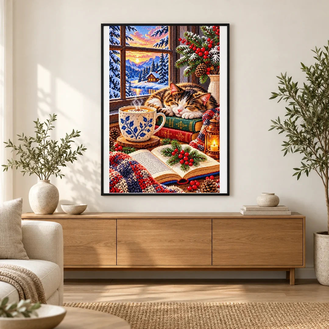 Coffee Books Snowy Window — finished diamond painting displayed in a home interior