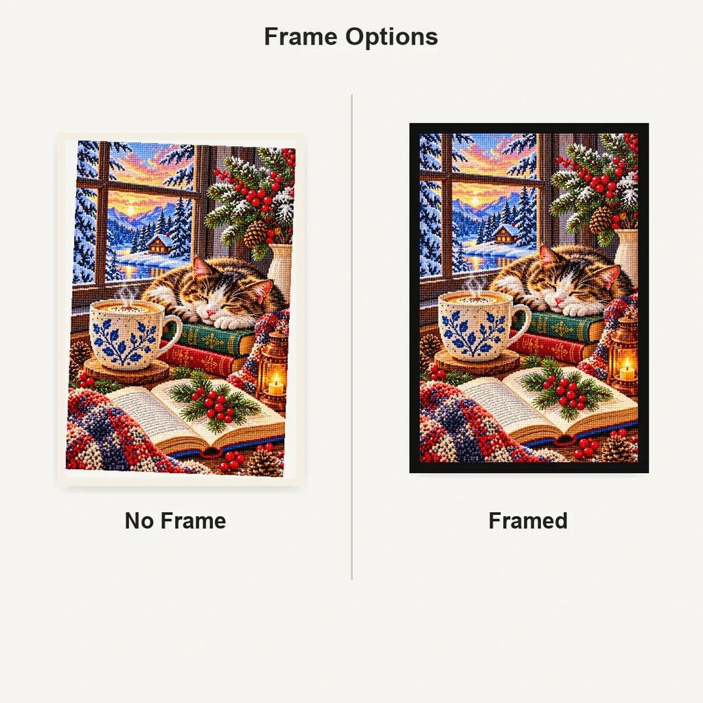 Coffee Books Snowy Window — No Frame and Framed style comparison