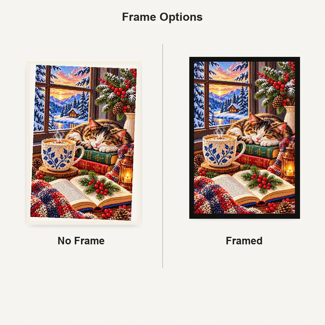 Coffee Books Snowy Window — No Frame and Framed style comparison