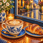 Coffee Window Croissant — close-up canvas and resin drill detail