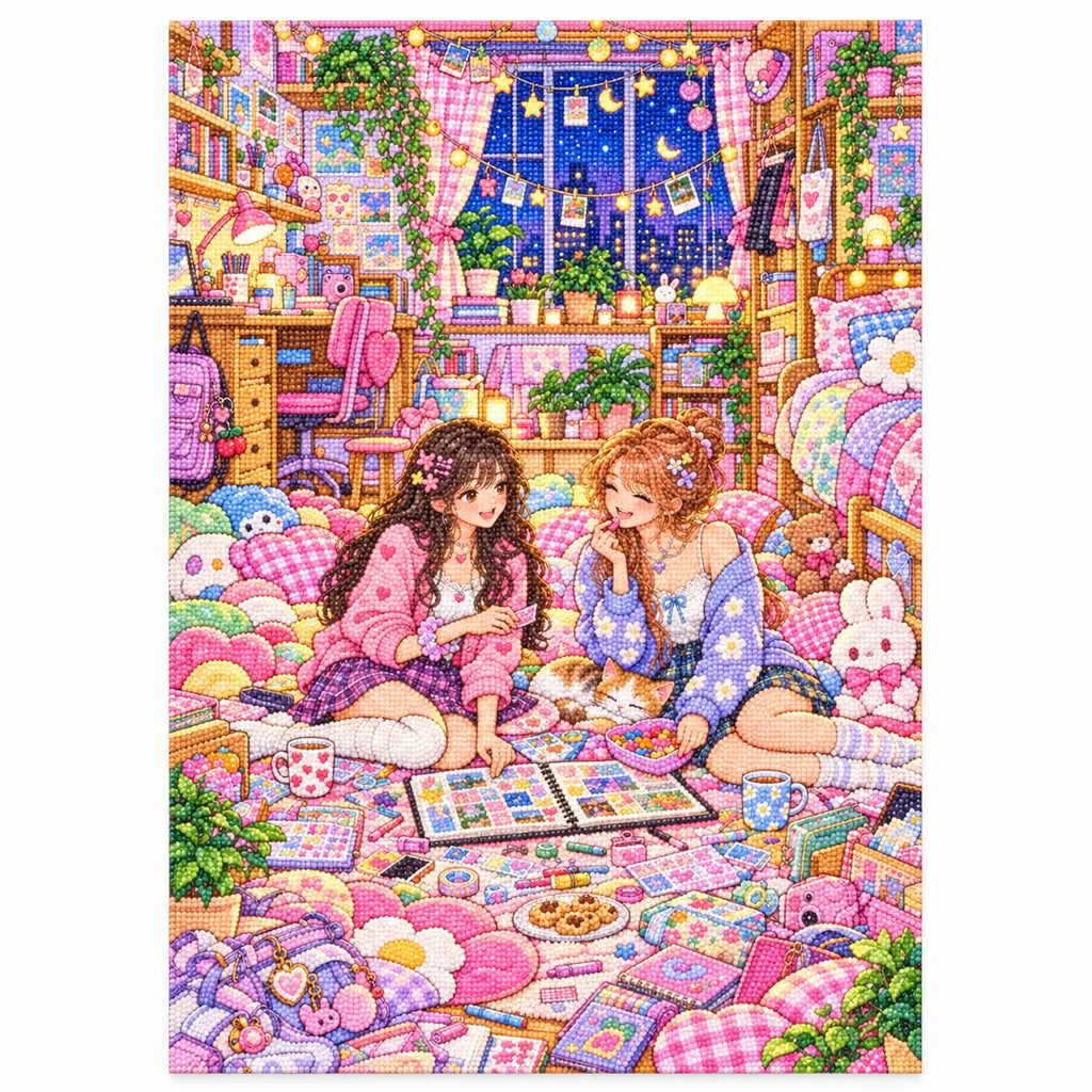 White-background diamond-painted canvas showing two college friends scrapbooking in a cozy dorm at night