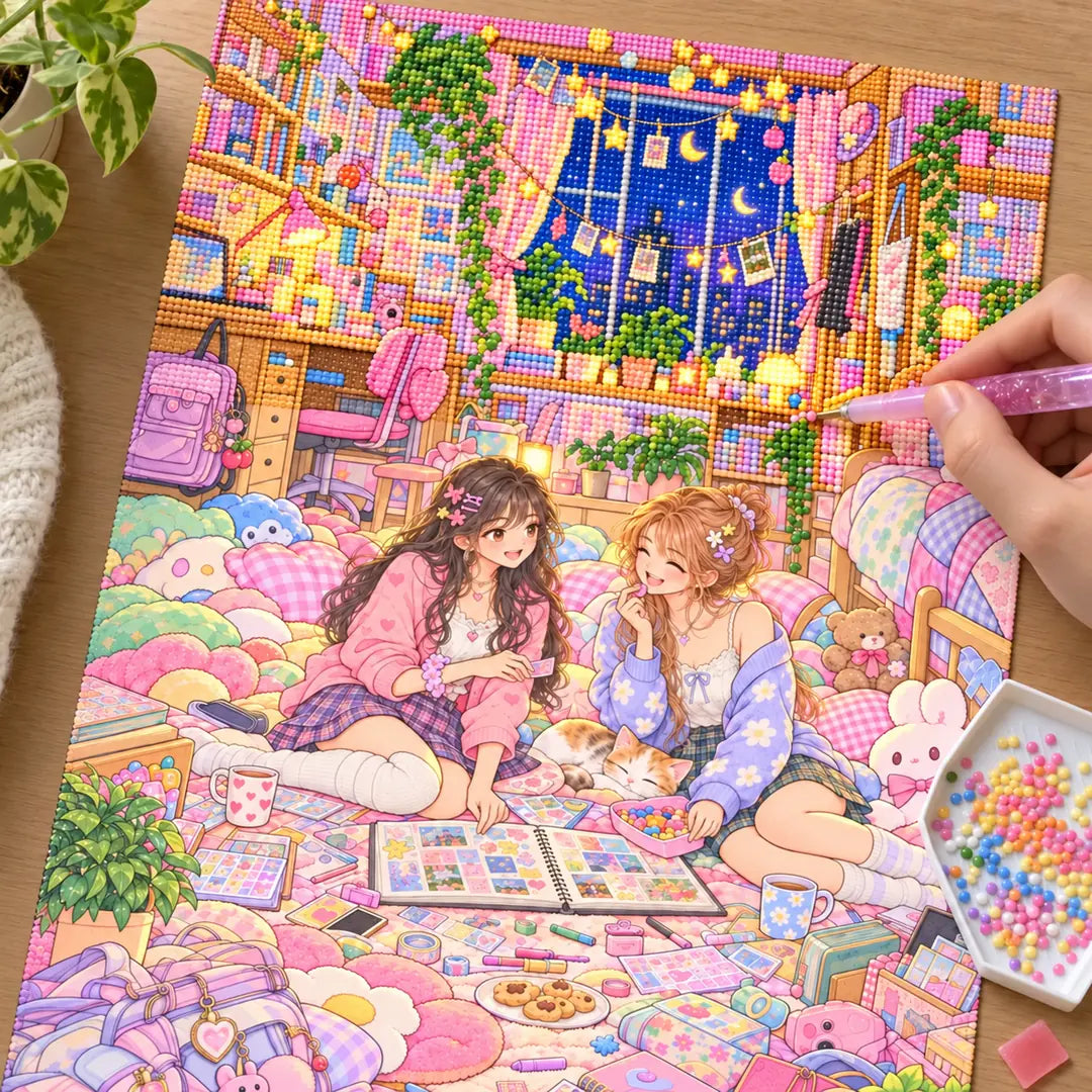 Hands placing diamond drills on the college dorm scrapbook night canvas