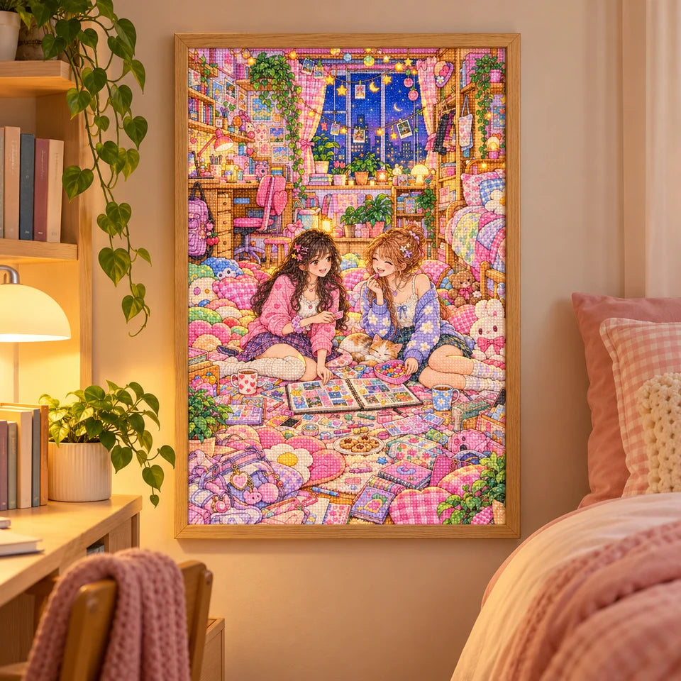 Framed diamond painting of two college friends scrapbooking in a cozy dorm at night displayed in a home interior
