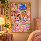 Framed diamond painting of two college friends scrapbooking in a cozy dorm at night displayed in a home interior