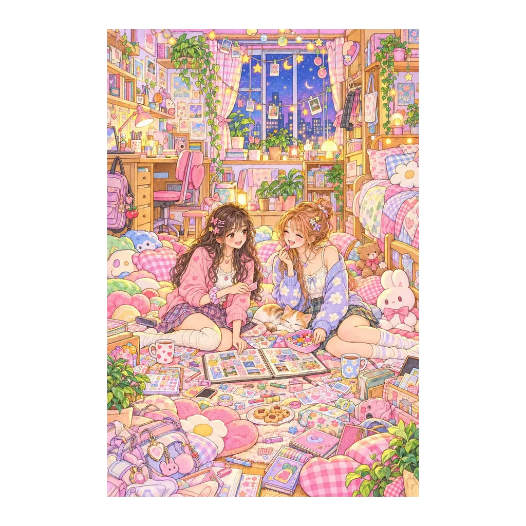 Original white-background artwork of two college friends scrapbooking in a cozy dorm at night