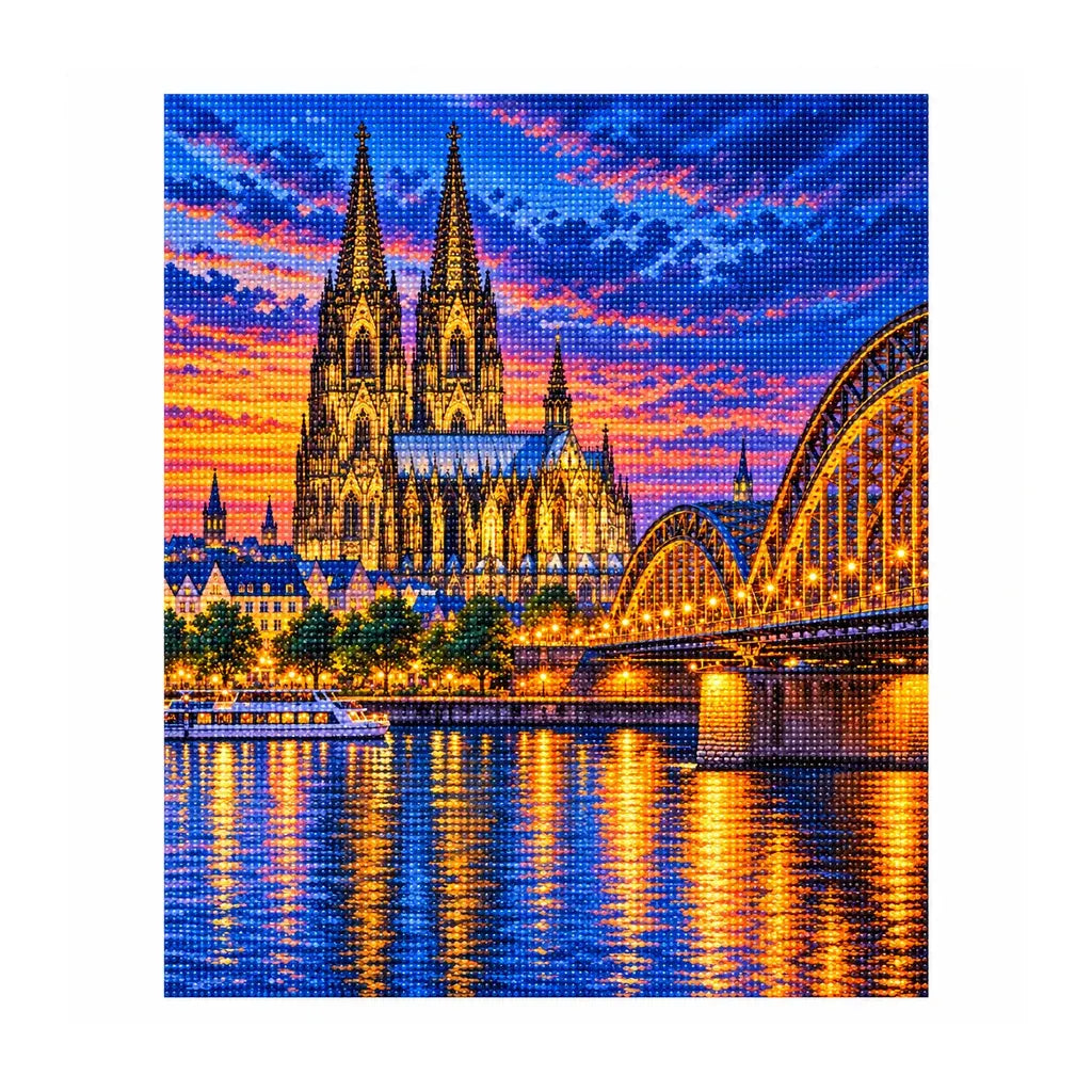 White-background finished diamond painting of Cologne Cathedral Rhine.