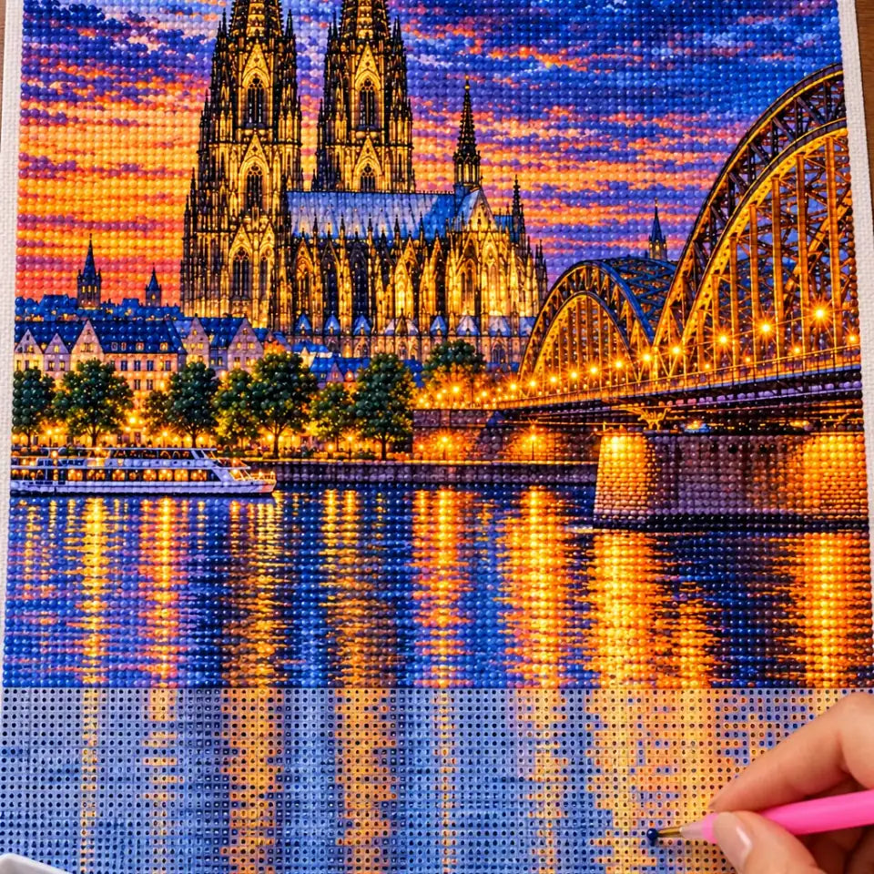 Hands placing diamond drills on the Cologne Cathedral Rhine design.
