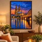Framed Cologne Cathedral Rhine diamond painting displayed as home decor.
