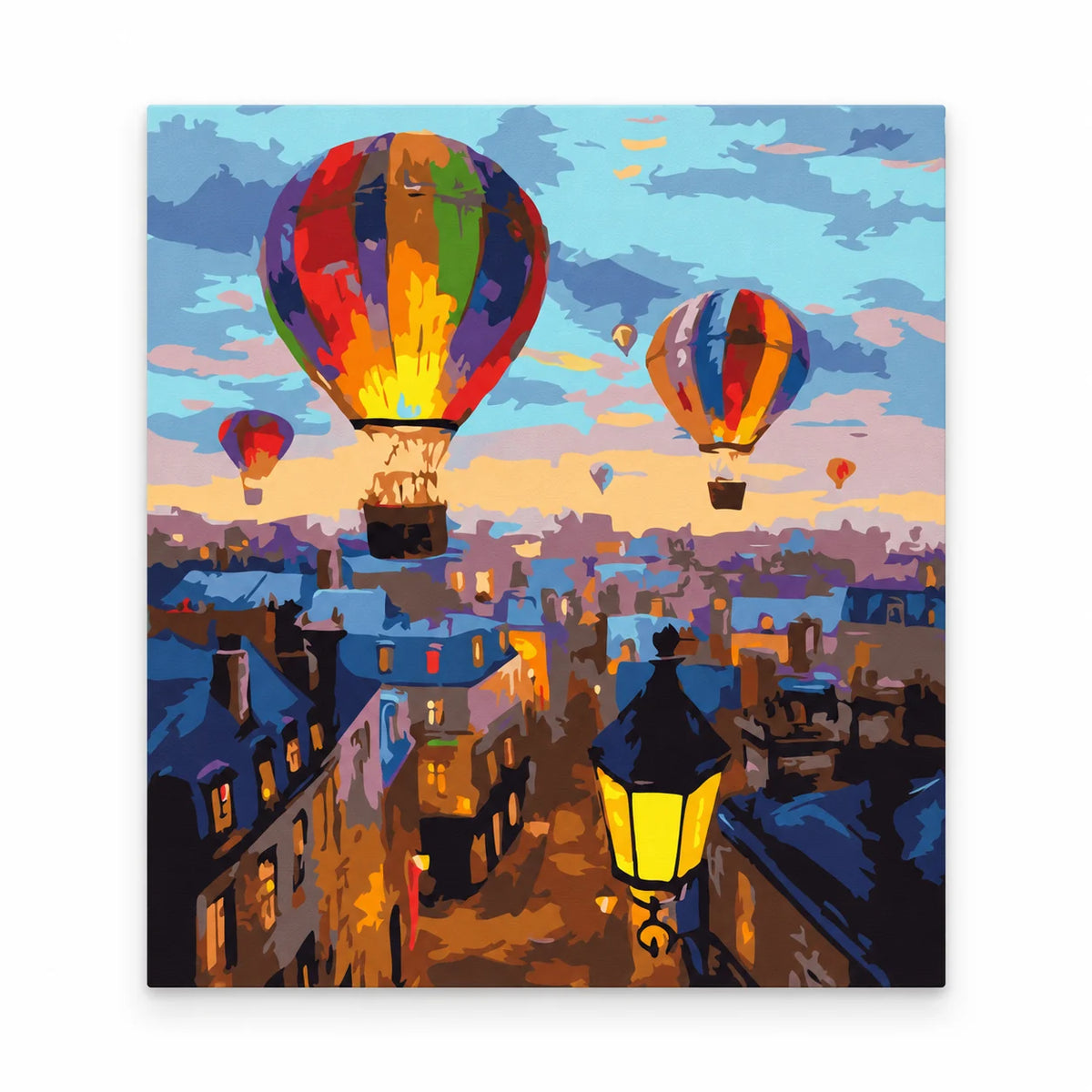 Colorful Balloons over City Rooftops paint by numbers artwork on a front-facing canvas against a white background