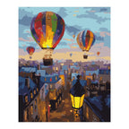 Colorful Balloons over City Rooftops completed artwork on a clean white background