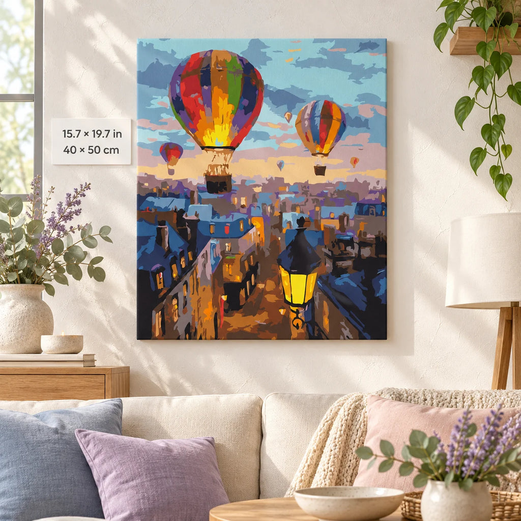 Colorful Balloons over City Rooftops shown in a styled room with 15.7 × 19.7 in and 40 × 50 cm dimensions