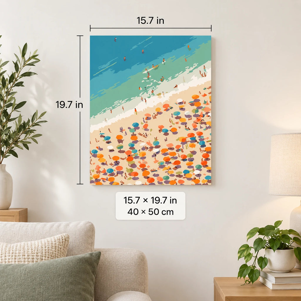 Colorful Beach Crowd Aerial shown in a styled room with 15.7 x 19.7 in and 40 x 50 cm dimensions
