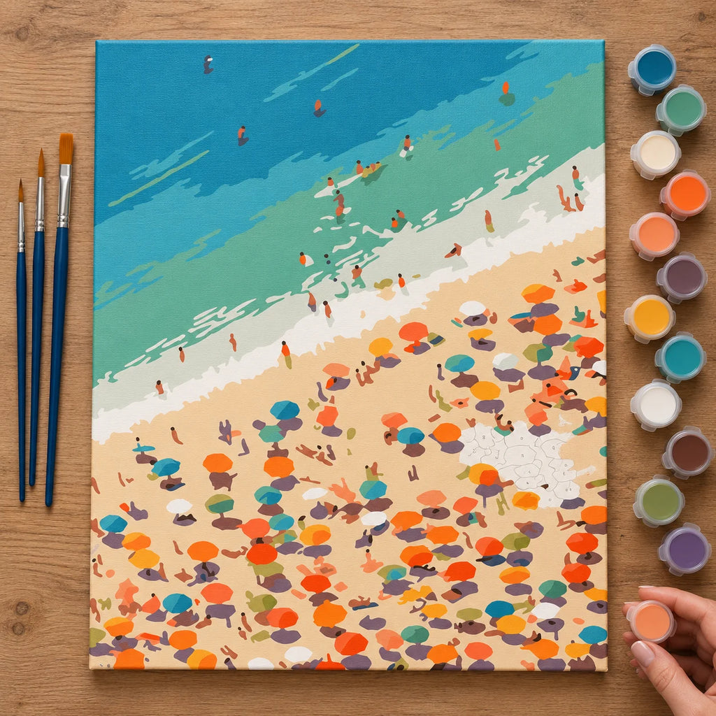 Complete Colorful Beach Crowd Aerial numbered canvas being painted with acrylic paints and brushes