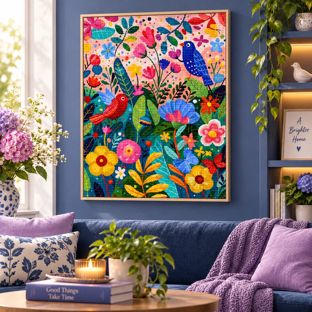 Colorful Bird Garden Diamond Painting Kit size guide