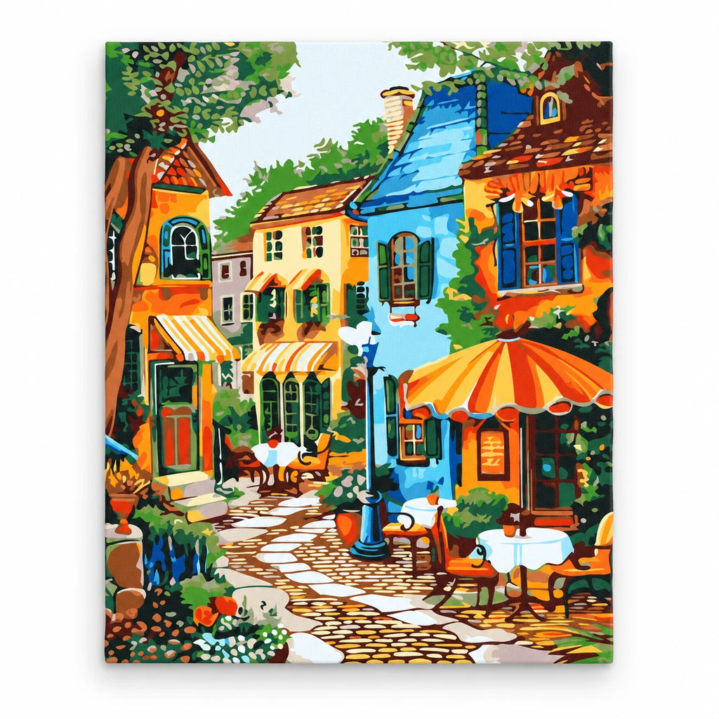 Colorful Café Street paint by numbers artwork on a front-facing canvas against a white background