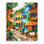 Colorful Café Street paint by numbers artwork on a front-facing canvas against a white background