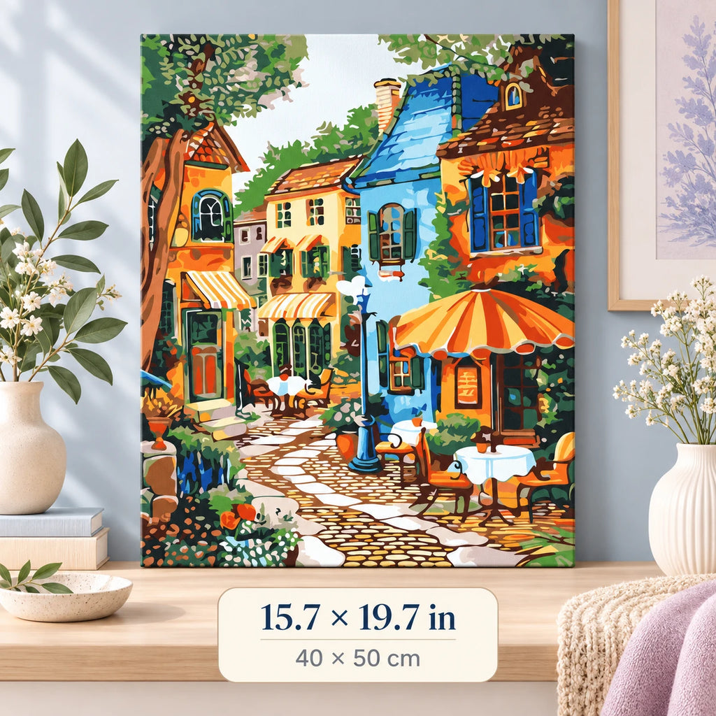 Colorful Café Street shown in a styled room with 15.7 x 19.7 in and 40 x 50 cm dimensions