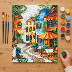 Complete Colorful Café Street numbered canvas being painted with acrylic paints and brushes