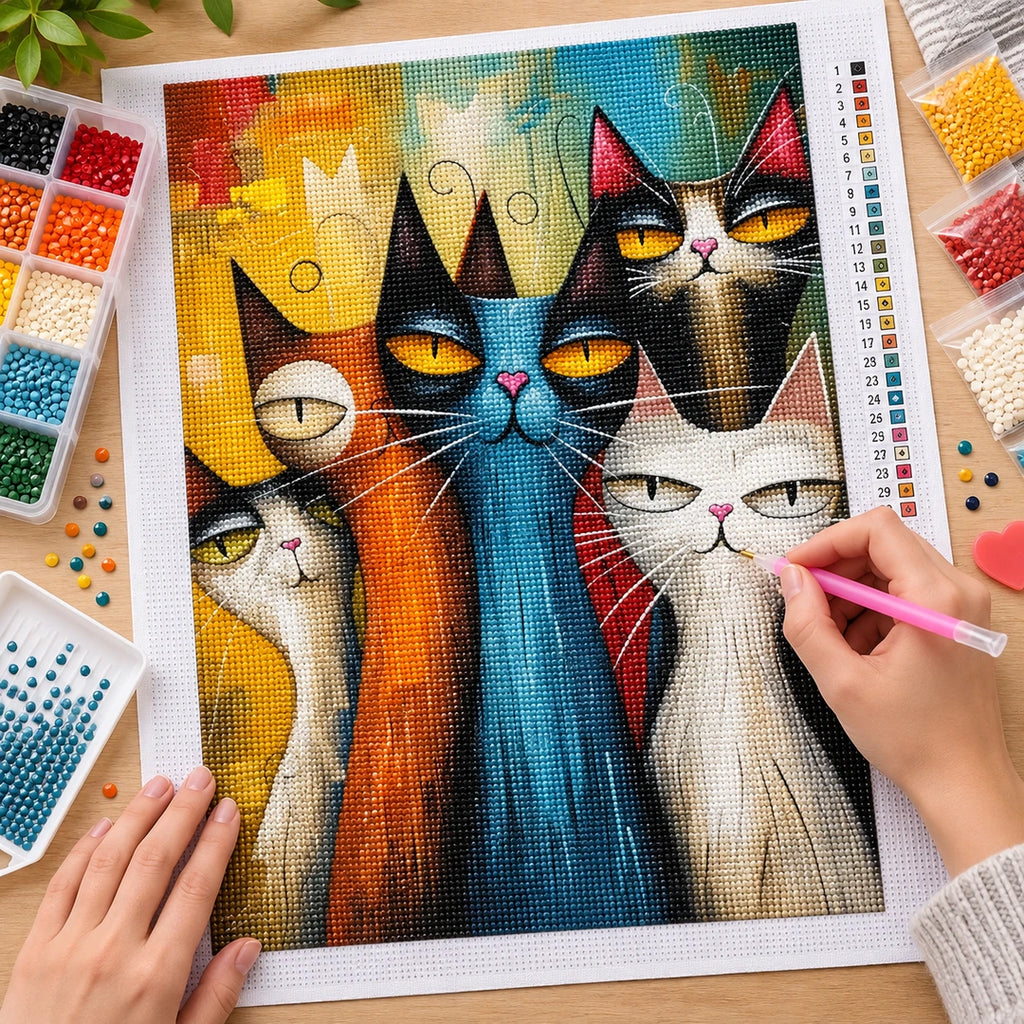 Colorful Cat Trio Diamond Painting Kit finished white-background