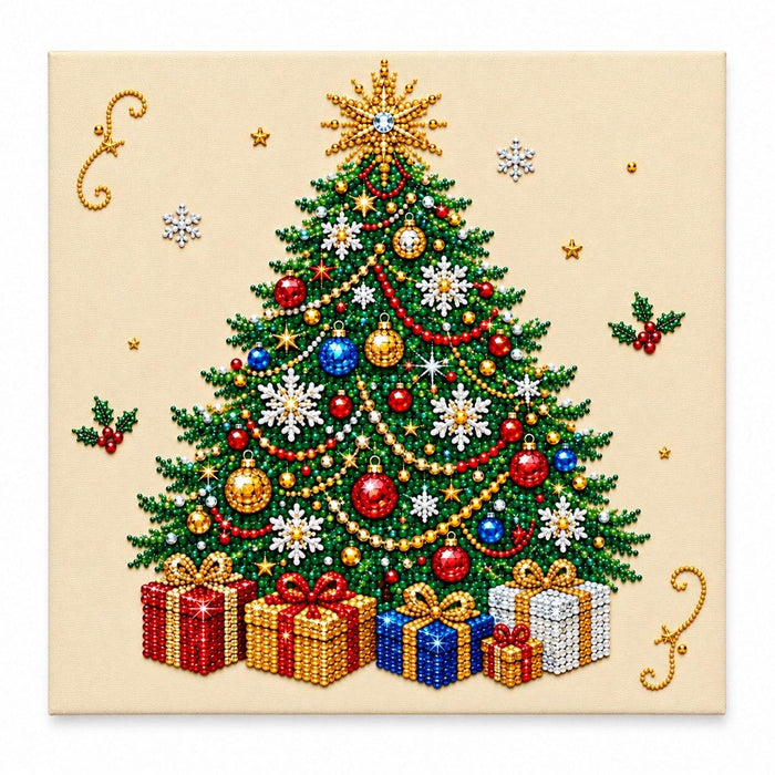 Colorful Christmas Tree and Gifts pearl painting kit, white-background complete design