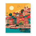 Colorful Coastal Village at Sunset paint by numbers artwork on a front-facing canvas against a white background