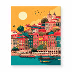 Colorful Coastal Village at Sunset paint by numbers artwork on a front-facing canvas against a white background