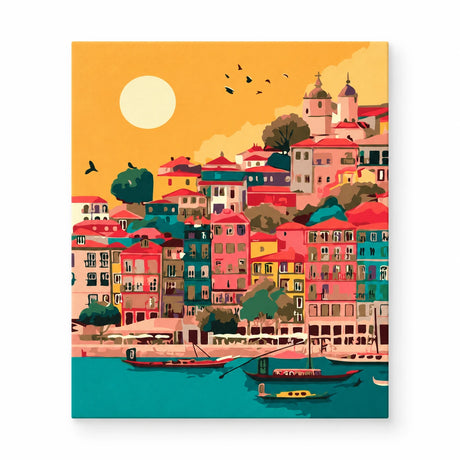 Colorful Coastal Village at Sunset paint by numbers artwork on a front-facing canvas against a white background