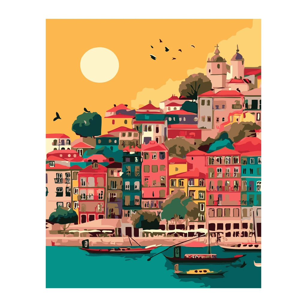 Colorful Coastal Village at Sunset completed artwork on a clean white background