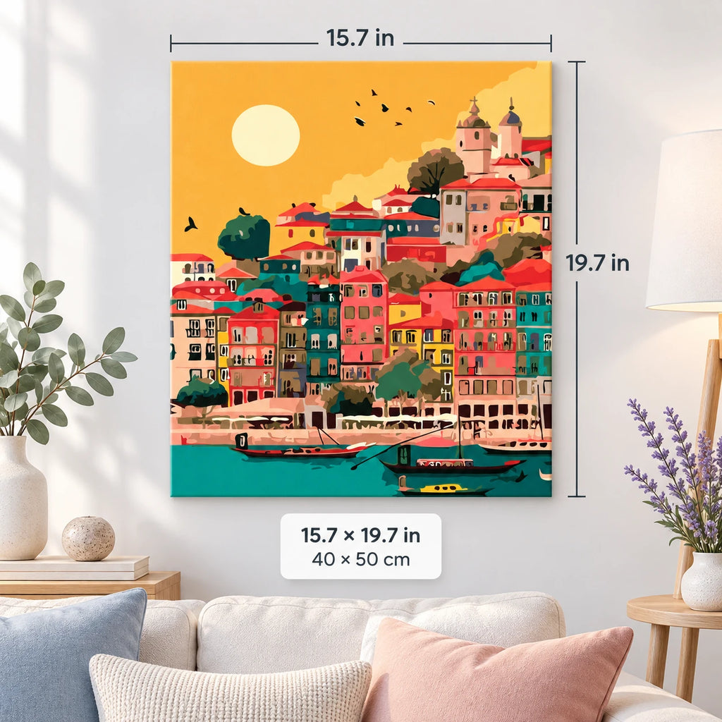 Colorful Coastal Village at Sunset shown in a styled room with 15.7 × 19.7 in and 40 × 50 cm dimensions