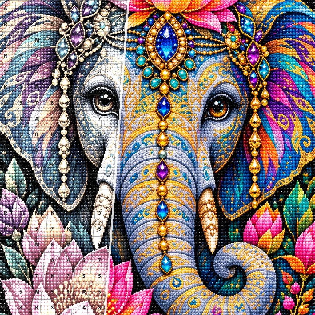 Colorful Floral Elephant Diamond Painting Kit — Diamond and canvas detail