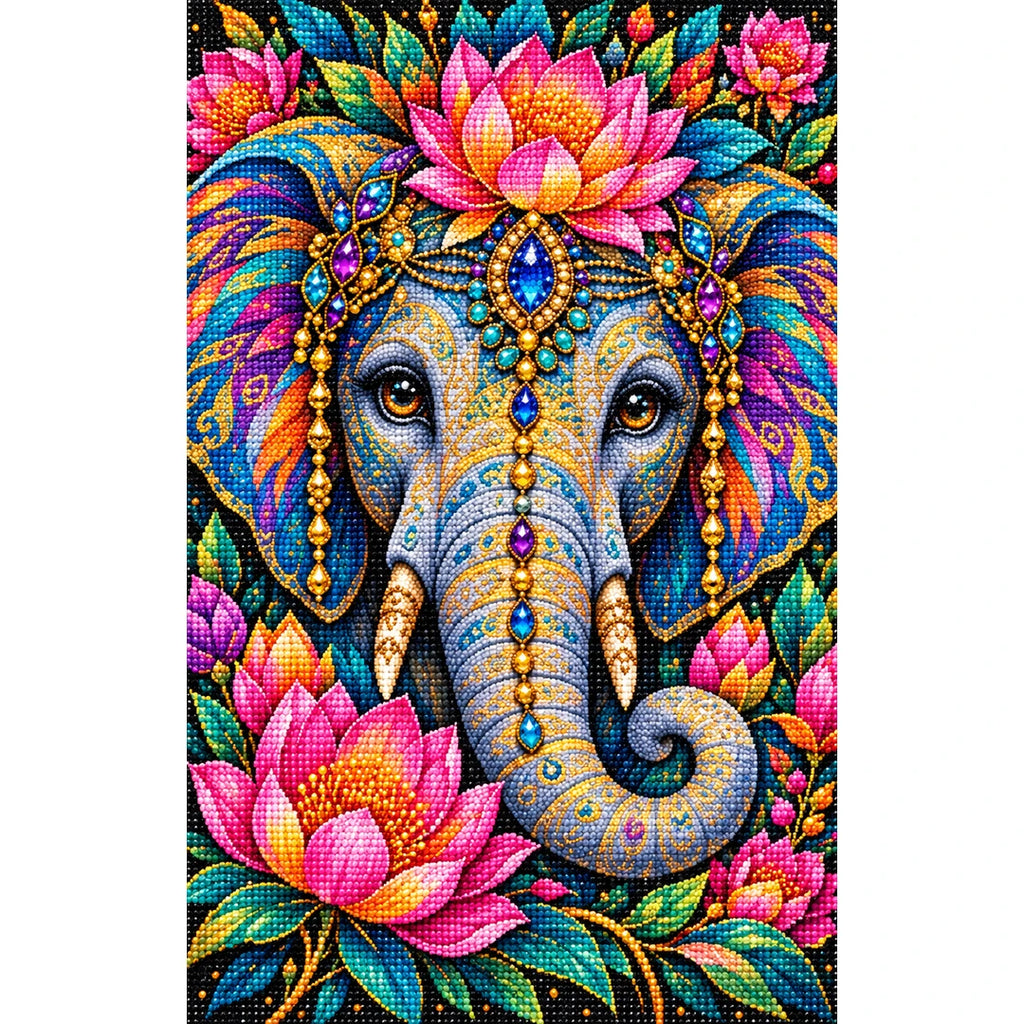 Colorful Floral Elephant Diamond Painting Kit — Finished white-background diamond painting