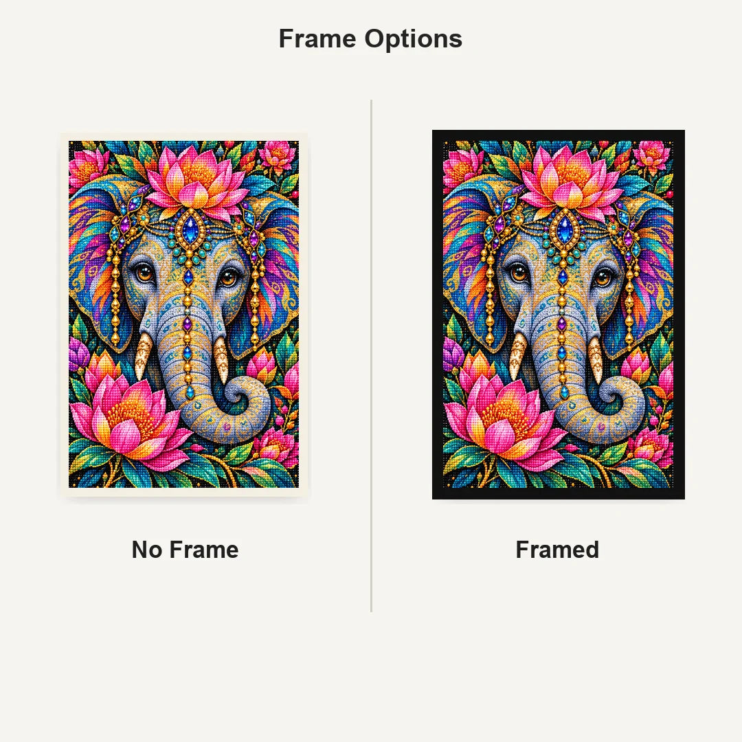 Colorful Floral Elephant Diamond Painting Kit — No Frame and Framed comparison