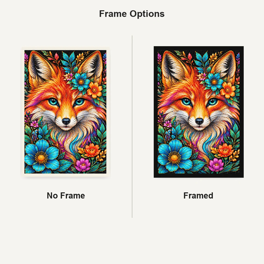 Colorful Floral Fox Diamond Painting Kit — No Frame and Framed comparison