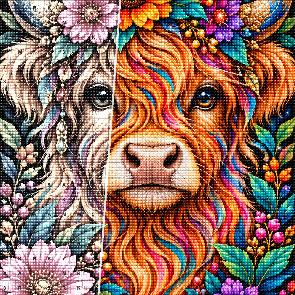 Colorful Floral Highland Cow Diamond Painting Kit — Diamond and canvas detail