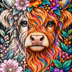 Colorful Floral Highland Cow Diamond Painting Kit — Diamond and canvas detail