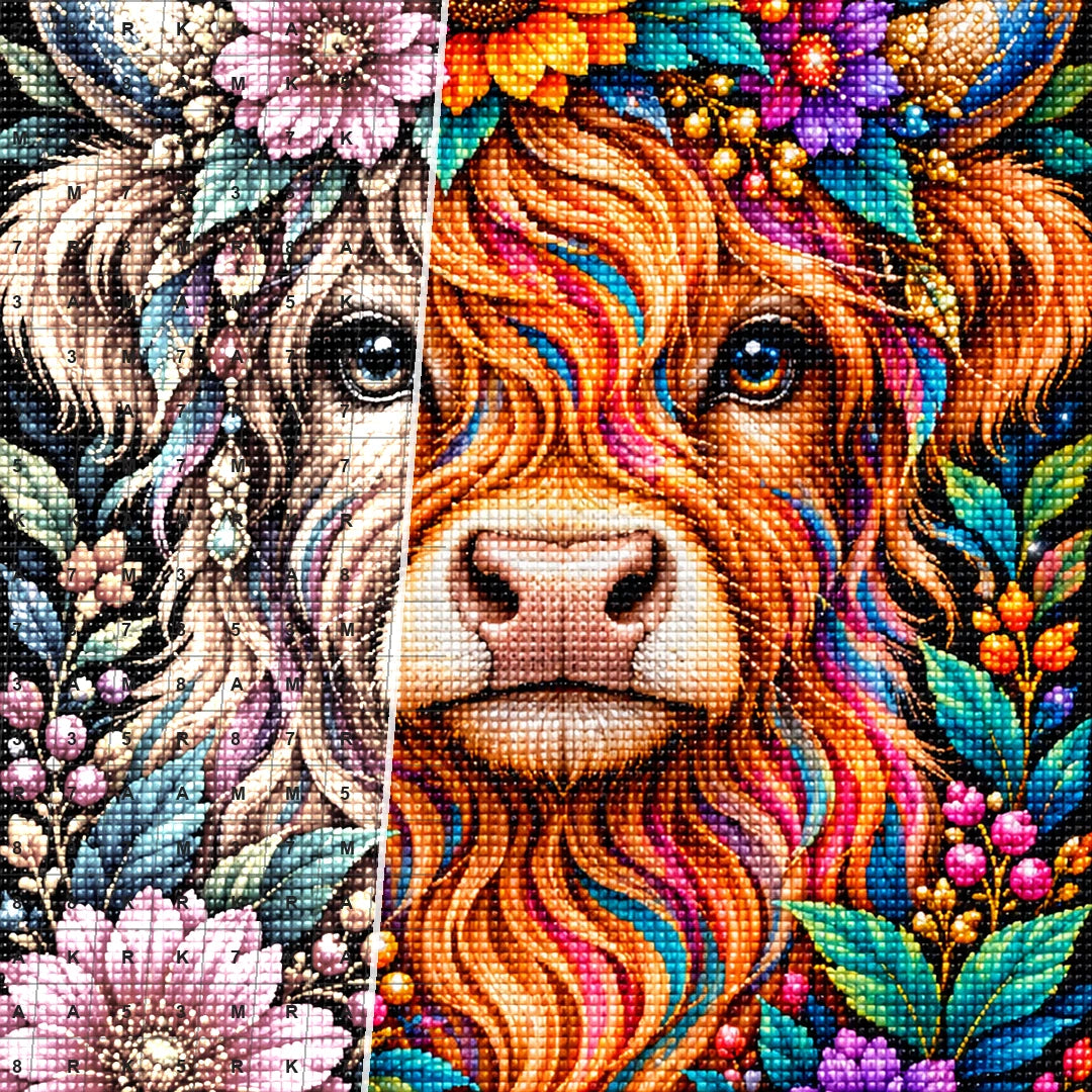 Colorful Floral Highland Cow Diamond Painting Kit — Diamond and canvas detail