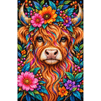 Colorful Floral Highland Cow Diamond Painting Kit — Finished white-background diamond painting