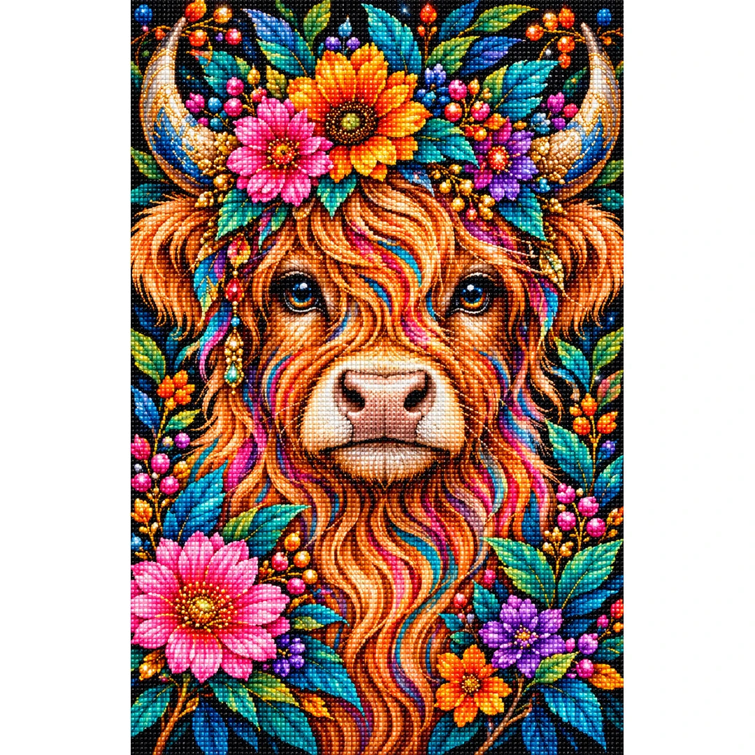 Colorful Floral Highland Cow Diamond Painting Kit — Finished white-background diamond painting