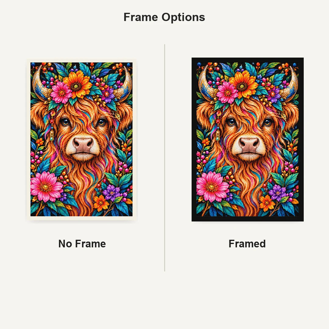 Colorful Floral Highland Cow Diamond Painting Kit — No Frame and Framed comparison