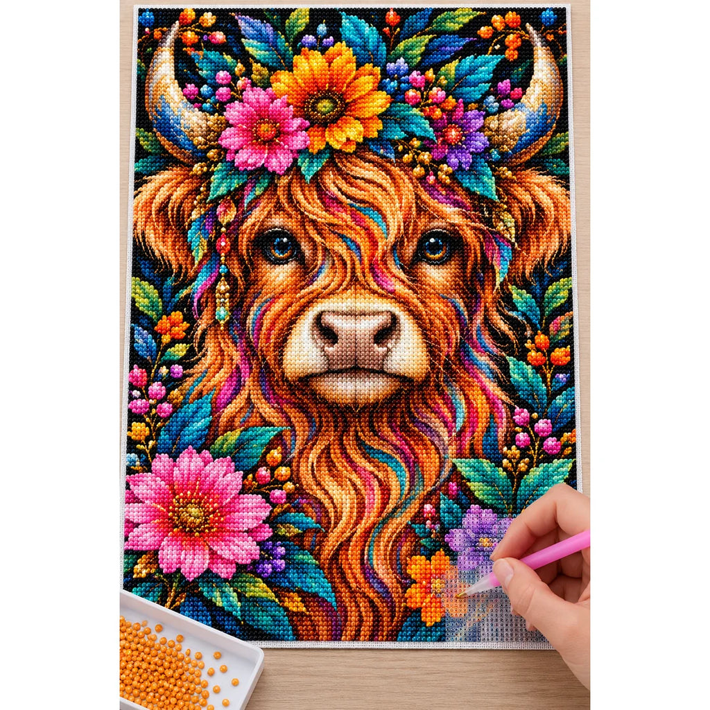 Colorful Floral Highland Cow Diamond Painting Kit — Diamond painting process