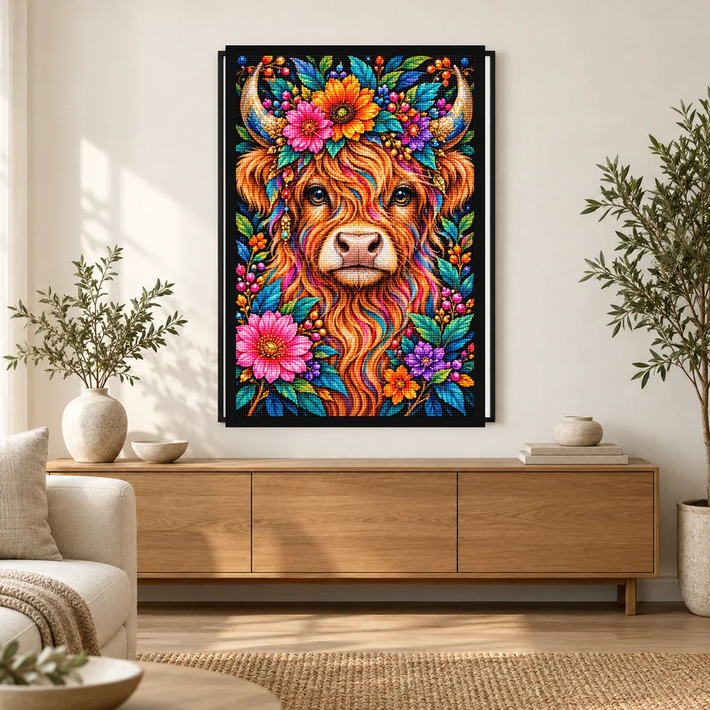 Colorful Floral Highland Cow Diamond Painting Kit — Home decor scene