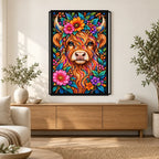 Colorful Floral Highland Cow Diamond Painting Kit — Home decor scene