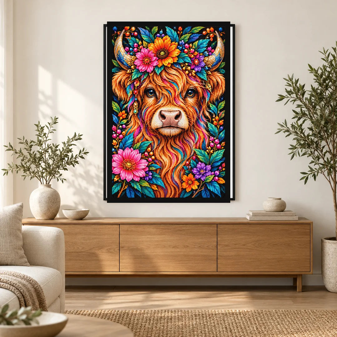 Colorful Floral Highland Cow Diamond Painting Kit — Home decor scene