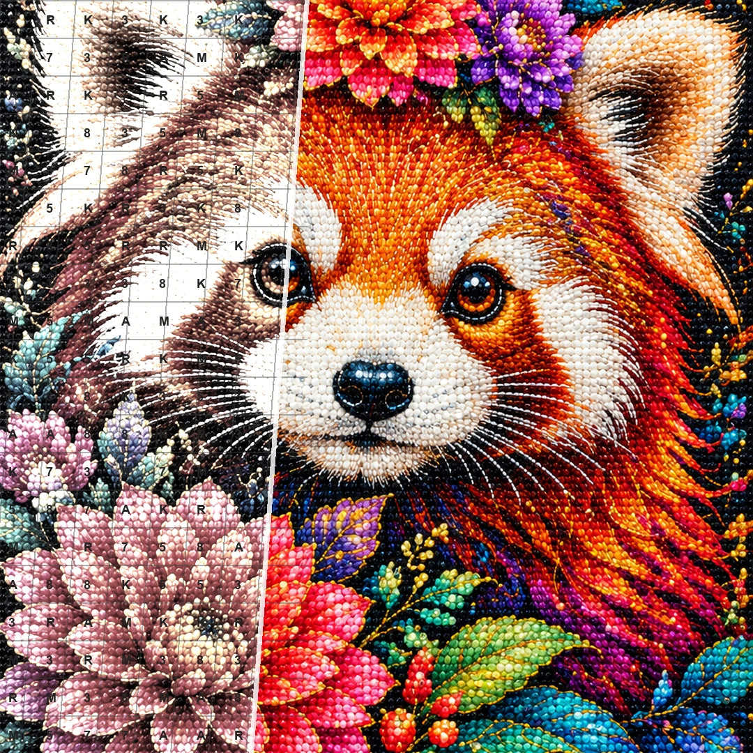 Colorful Floral Red Panda Diamond Painting Kit — Diamond and canvas detail